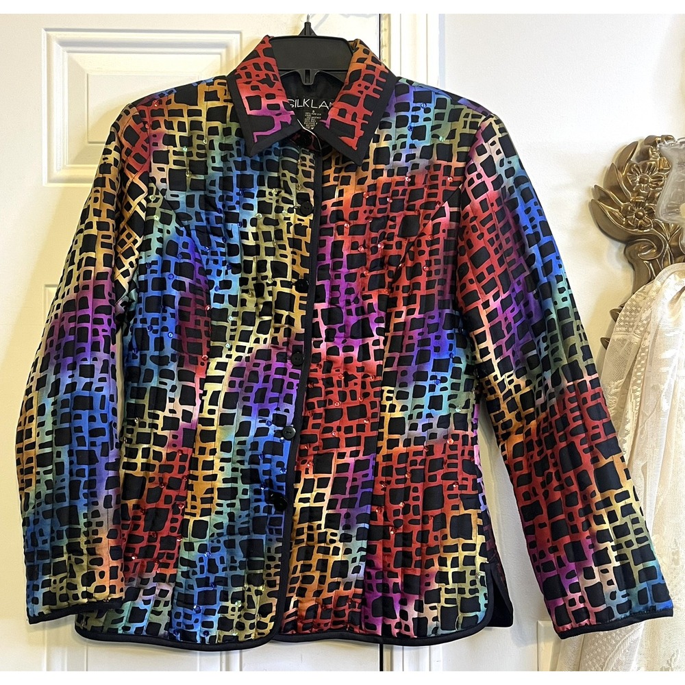 VTG Whimsy Silkland Small Silk Quilted Rainbow Mosaic Jacket Womens Small Sequin